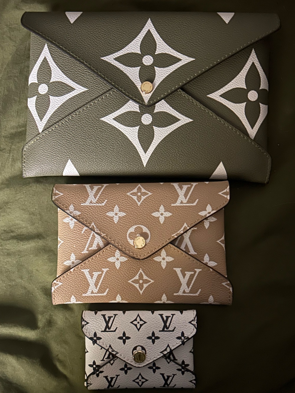 Designer-Inspired Olive Green,Tan & White Monogram Kirigami Clutch Set